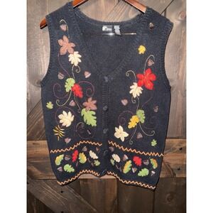 Holiday Editions Women's M Black Brown Green Leaf Harvest Fall Knit‎ Button Vest